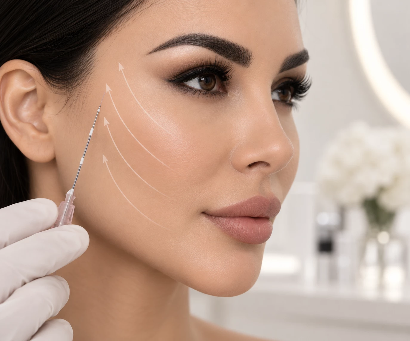 Close-up of facial thread lifting treatment