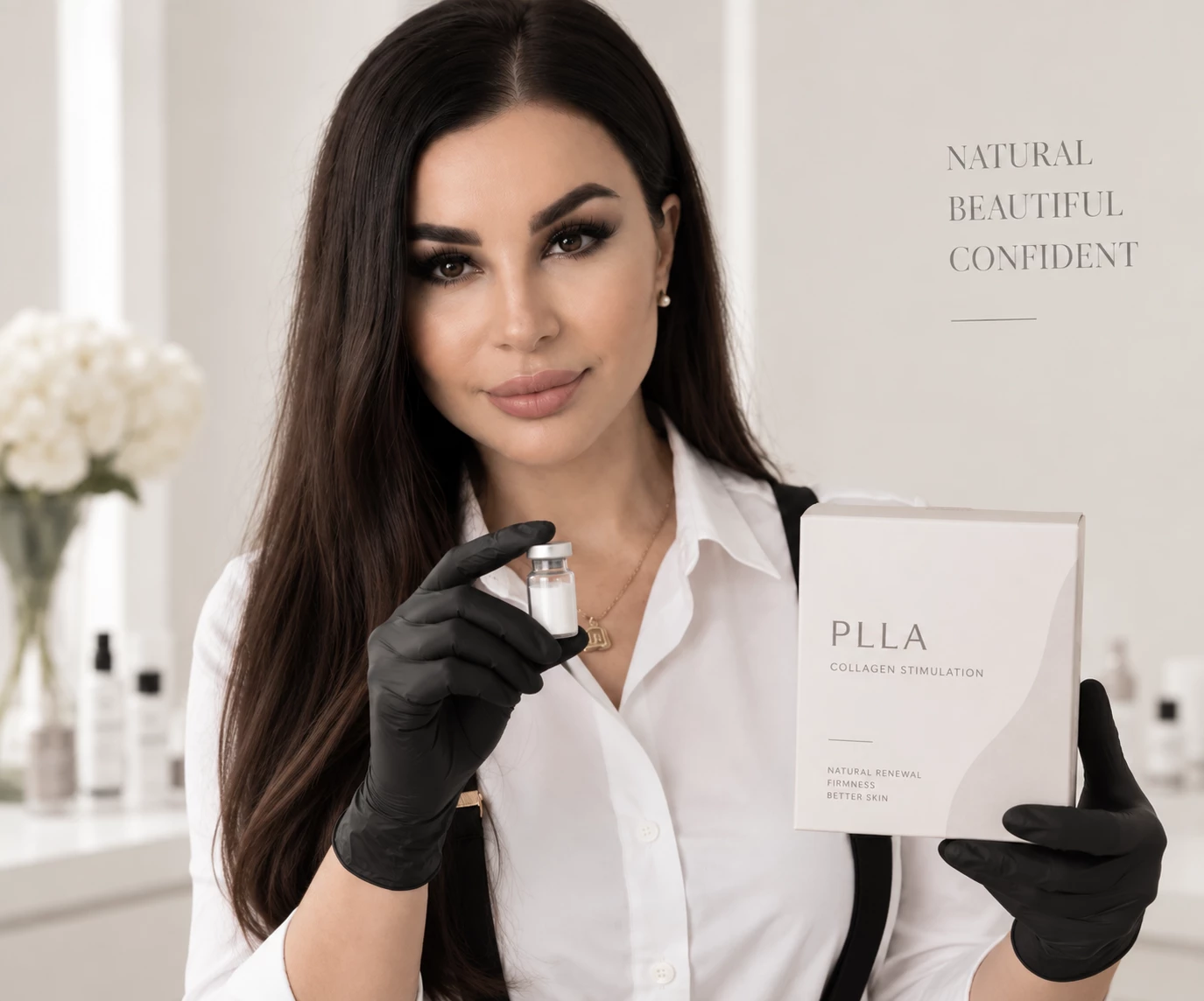 Victoria presenting a PLLA collagen stimulation treatment